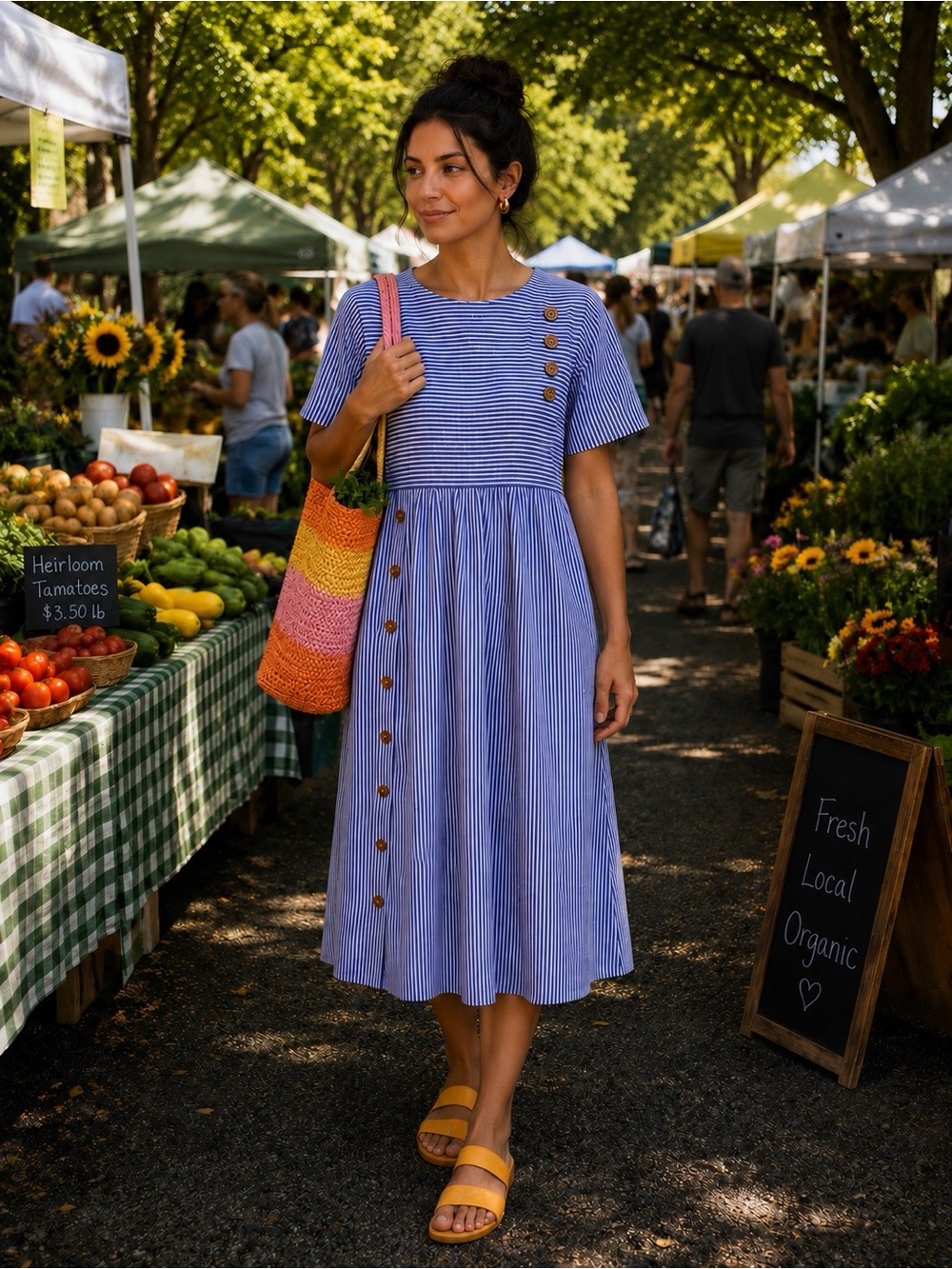 Blue & White Striped Midi Dress